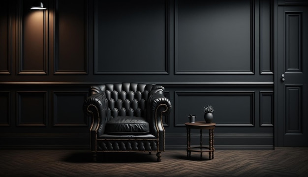 The interior has a sofa and armchair on empty dark wall background Generative AI