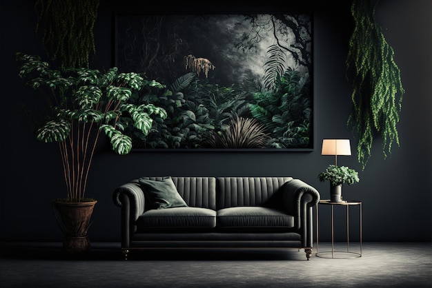 The interior has a sofa and armchair on empty dark wall background