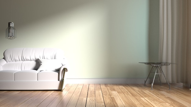 The interior has a sofa on empty white wall background,3D rendering
