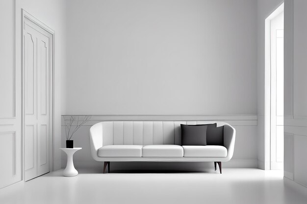 The interior has a White sofa on empty white wall background Generative Ai