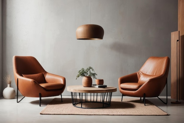 Interior home design of living room with terracotta leather armchair and round wooden table