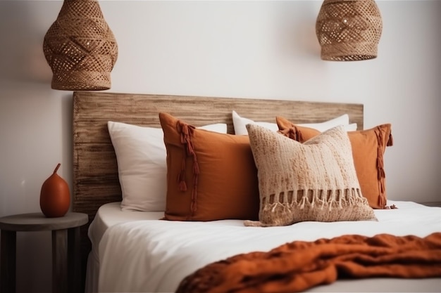 Интерьер дома осенний декор оранжевый дизайн плоская современная кровать подушка лампа Generative AI