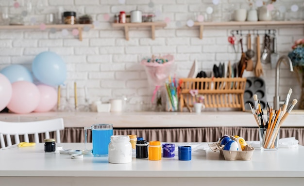 Photo interior of home kitchen decorated for easter holiday celebration