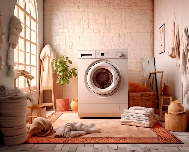 Interior of home laundry room with modern washing machine ai generated