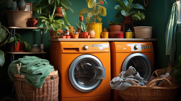 현대적인 세탁기 와 깨 ⁇  하고 더러운 세탁물 이 많이 있는 집 의 세탁실 내부
