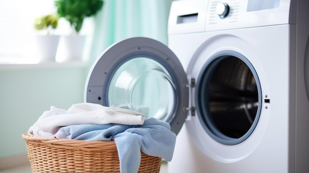 Photo interior of home laundry room with modern washing machine