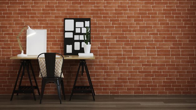 Interior of home workplace. brick wall, wooden floor. 3d\
rendering.