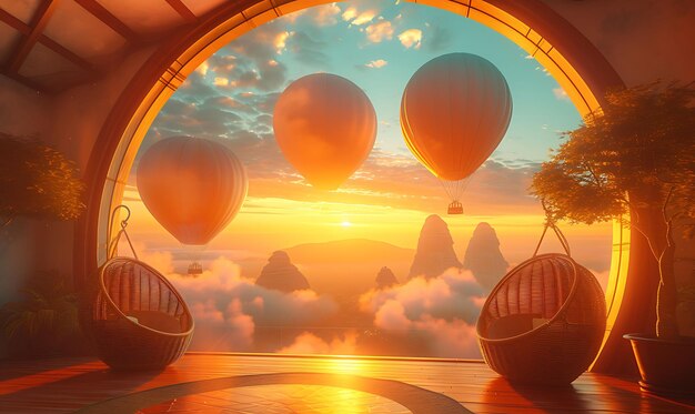 Interior of hot air ballooning room with flying over landscapes hologram vr concept idea neon glow