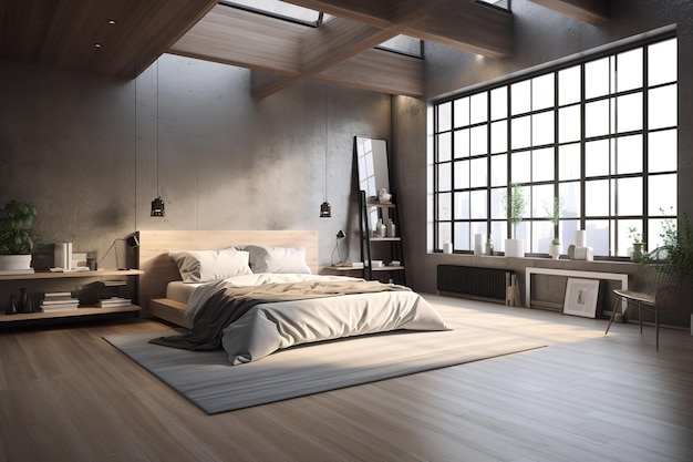 Interior of a hotel bedroom in the morning Cosy Boho style bedroom interior with furniture and decorative elements Bright natural light Modern bedroom interior with concrete walls Generative AI