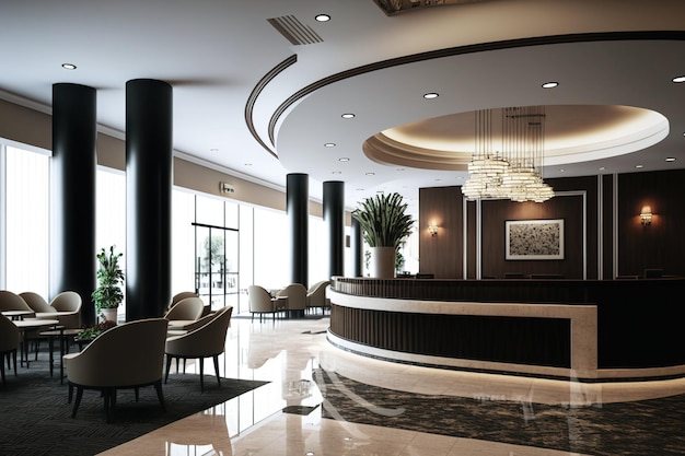 Interior of a hotel lobby with a large bar armchairs marble floor and a reception desk