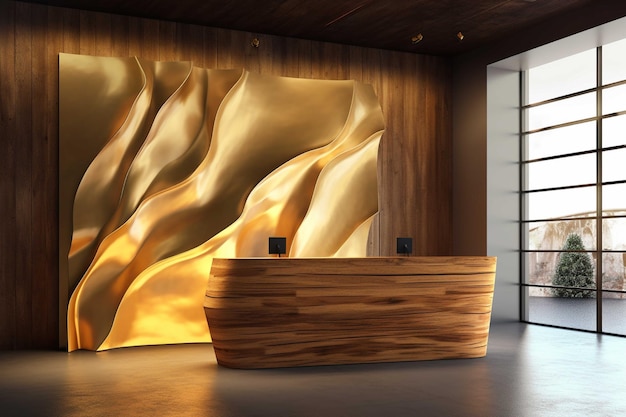 Interior of a hotel reception with a wooden counter in the lobby