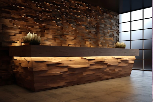 Interior of a hotel reception with a wooden counter in the lobby