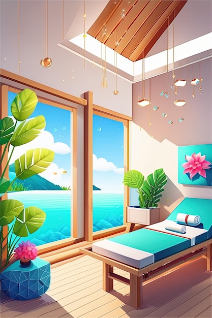 interior of a hotel room with a bed and a window with palm trees.