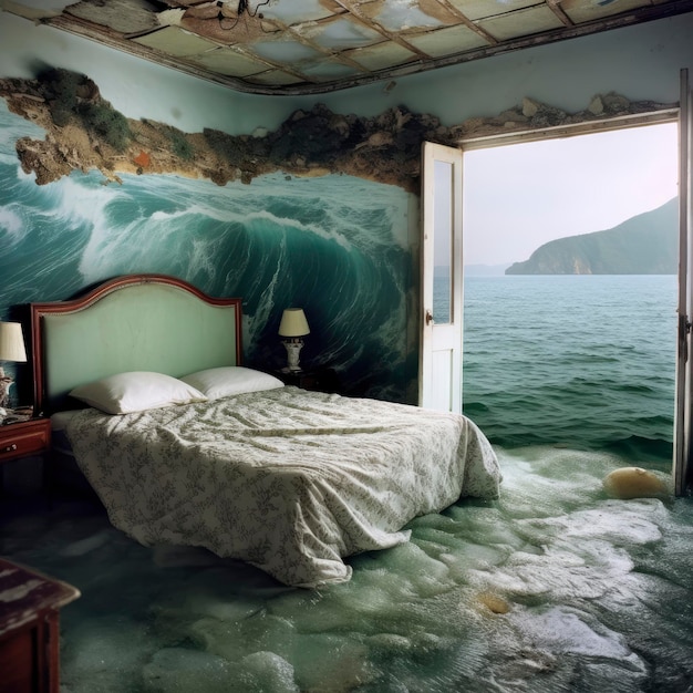 Interior of a hotel room with a view of the sea