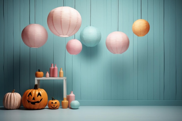 Interior of the house decorated for Halloween in pastel colors Pumpkins and candles AI generated