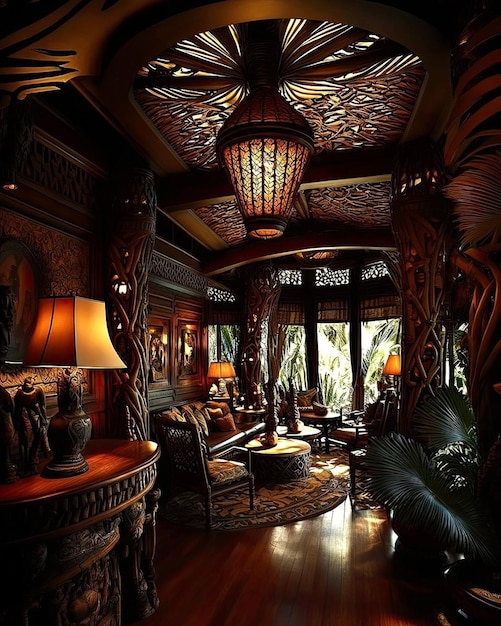 The interior of the house is decorated in a tropical style.