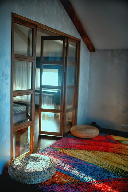 interior house, partition glass door / inside loft bulkhead interior