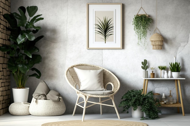 Photo an interior house room is decorated with wicker furniture a hanging cotton dry plant a chair a blanket a vase and a plant in front of a concrete and stone wall