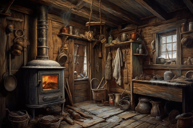 The interior of a house with a stove in the middle.