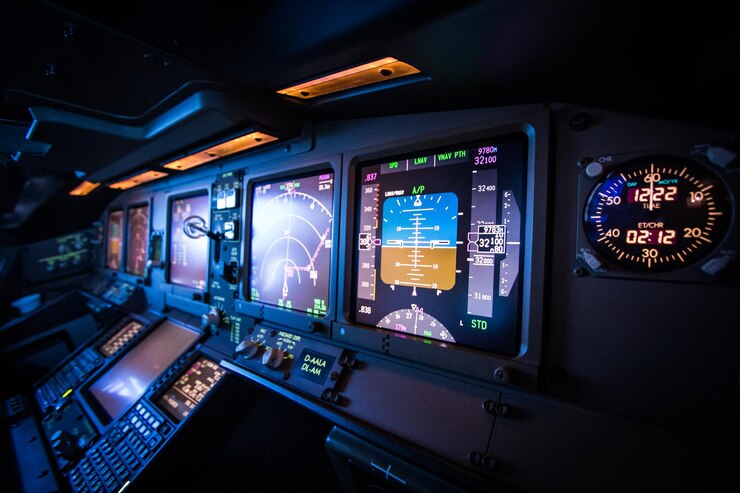 Photo interior of illuminated airplane at night