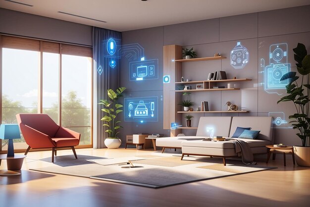 Фото Иллюстрация интерьера умного дома с концепцией искусственного интеллекта