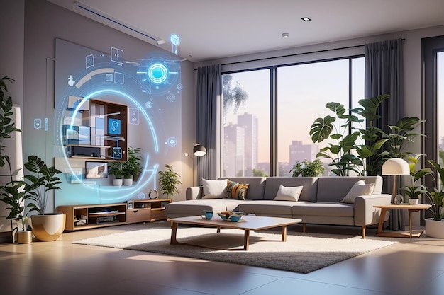Фото Иллюстрация интерьера умного дома с концепцией искусственного интеллекта