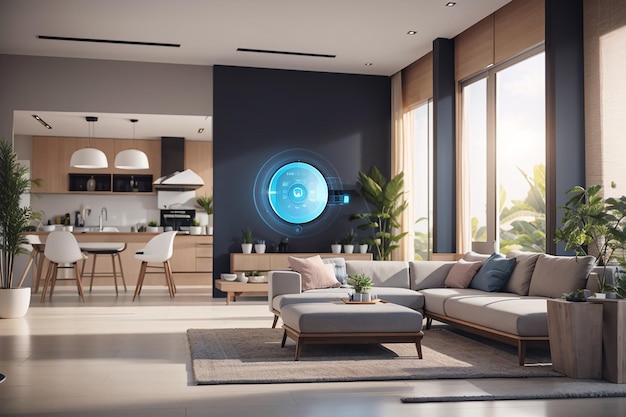 Interior illustration of smart home with artificial intelligence concept