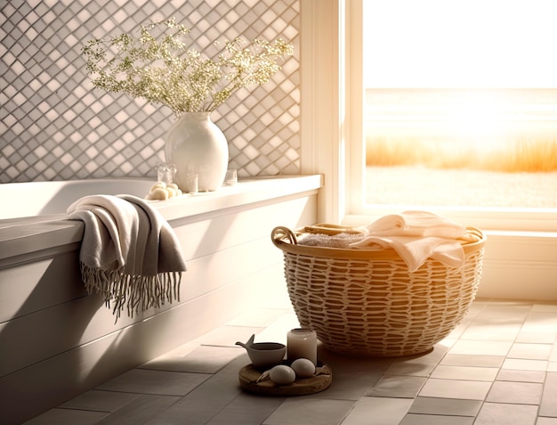 Внутреннее изображение красивой ванной комнаты с видом на пляж Generative AI