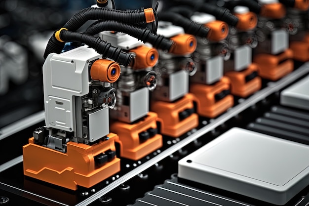 産業工場の内部 プラットフォームに電気自動車のバッテリーセルモジュールを搭載したロボット組立ライン ジェネレーティブ AI