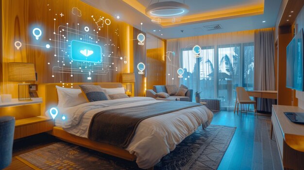 Photo interior of interactive multifunctional bedroom technology meets design