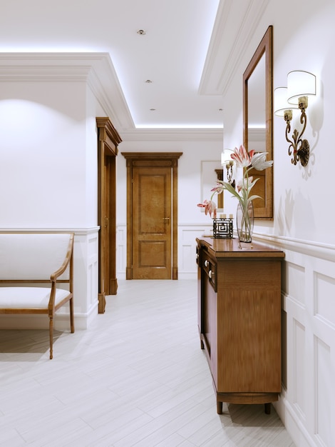 The interior is a classic-style corridor with white walls and wall panels and wooden furniture and doors. 3d rendering.