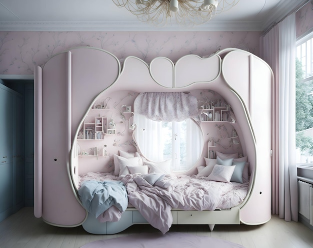 The interior is designed with a feminine and playful aesthetic with soft colors and delicate patter