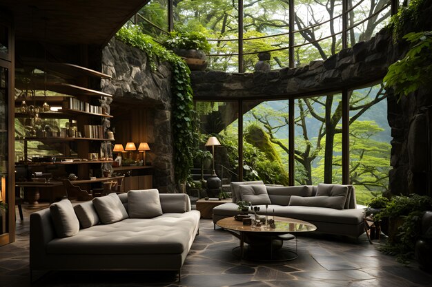 Photo interior of jungle house generated ai