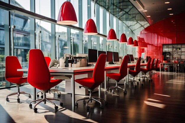 Photo interior of the kitchen area of a modern office with a long wooden table and chairs