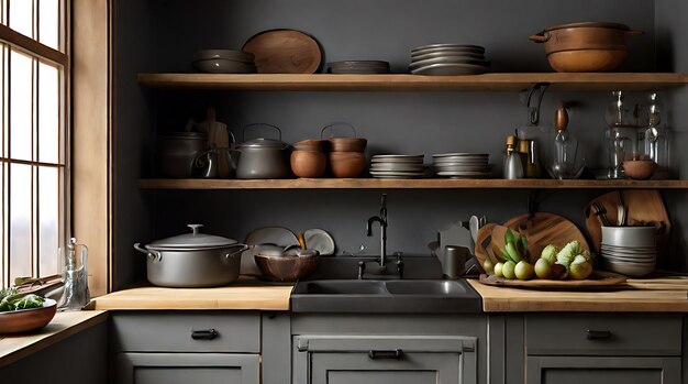 Interior of kitchen in rustic style