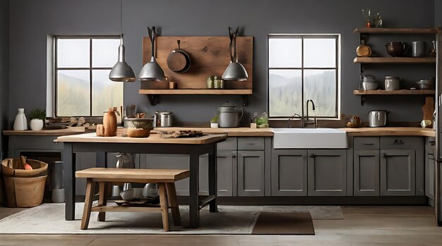 Interior of kitchen in rustic style