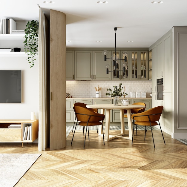 Interior of a kitchen. Studio apartment. 3d rendering.