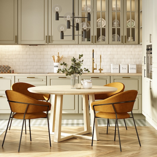 Interior of a kitchen with beige mosaic backsplash and parquet floor. 3d rendering