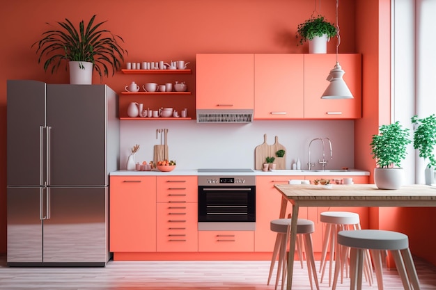 Interior of a kitchen with a wall painted in the 2019 color of the year living coral