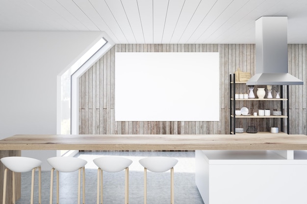屋根裏部屋の木製の壁を備えたキッチンのインテリア - 長いバーテーブル椅子食器とカッティングボードを備えたクローゼット - 3Dレンダリングモックアップ