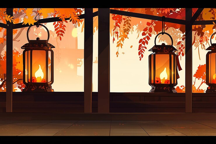 Photo interior landscape autumn lantern decorated with autumn leaves cartoon