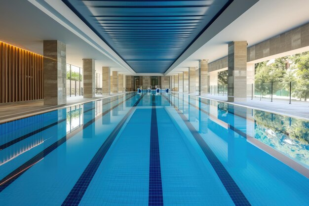 Interior of a large modern indoor swimming pool for training swimmers