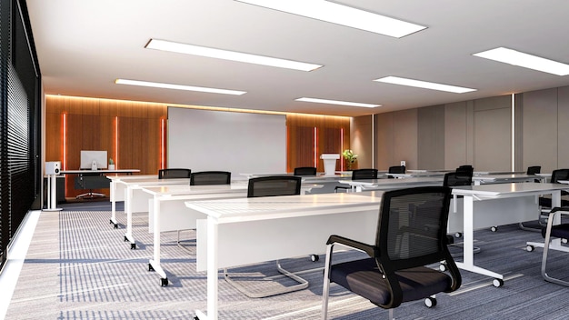 Interior of large modern office training room with monitor screen for presentation