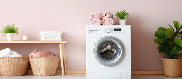 現代的な洗濯機を備えたランドリー ルームのインテリア デザイン スペースが含まれています
