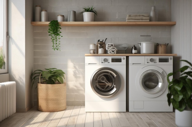 Interior of laundry room with modern washing machine at home