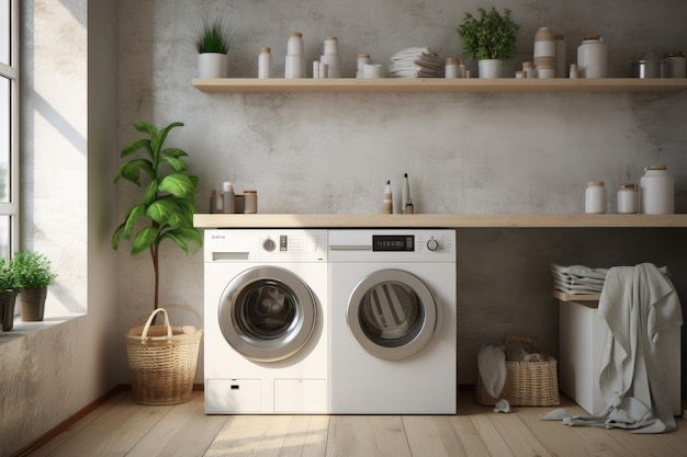 Interior of laundry room with modern washing machine at home