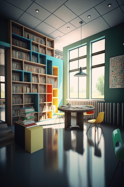 Интерьер библиотеки с книжными шкафами, стульями и окнами, созданный с использованием генеративной технологии искусственного интеллекта