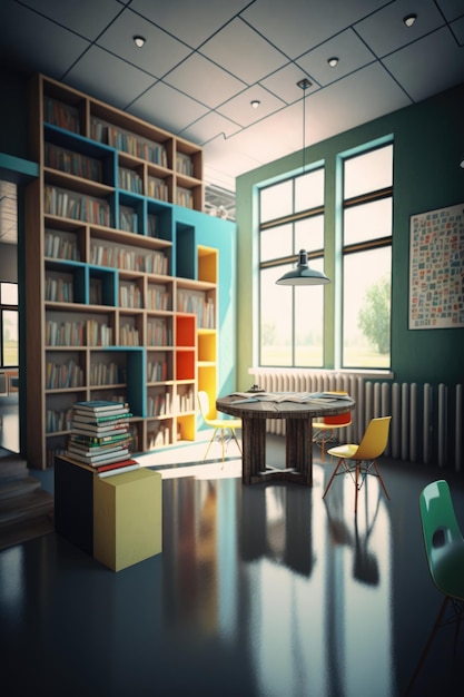 Interior of library with bookcases table chairs and windows created using generative ai technology