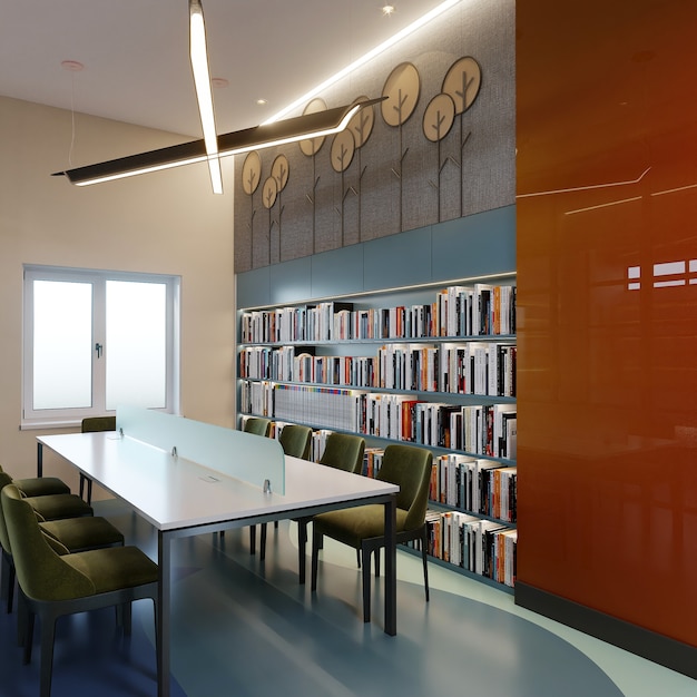 Interior of a library with bookshelf, table and chairs, 3d render