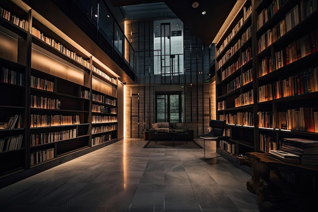 Interior of library with many bookshelves Generative AI